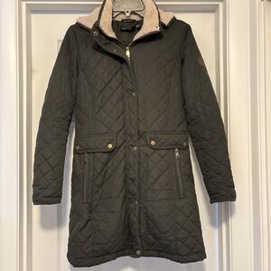 LRL‎ Ralph Lauren Black Label Jacket Women XS Green Quilted Hood Full Zip Snap